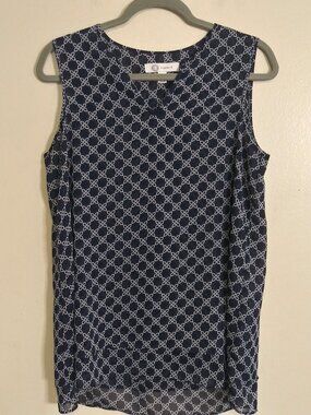 Cristina B Women's Sleeveless Navy Blue Geometric Print Blouse Size Small